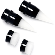 Load image into Gallery viewer, Black White Acrylic Glow in the Dark Taper Saddle Plug Set 8mm to 16mm Sizes
