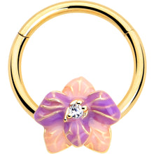 Load image into Gallery viewer, 16G 3/8 Clear Gem Gold Tone Pastel Flower Hinged Segment Ring
