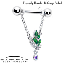 Load image into Gallery viewer, 14G 9/16 Aurora CZ Gem Morning Leaves Chain Dangle Nipple Ring Set
