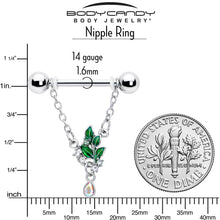 Load image into Gallery viewer, 14G 9/16 Aurora CZ Gem Morning Leaves Chain Dangle Nipple Ring Set
