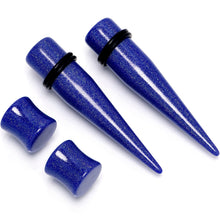 Load image into Gallery viewer, Blue Acrylic Shimmer Finish Taper Saddle Plug Set 6mm to 20mm Sizes
