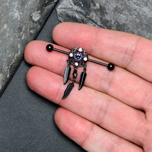 Load image into Gallery viewer, 14G Aurora CZ Gem Black Dreamcatcher Dangle Industrial Barbell 38mm
