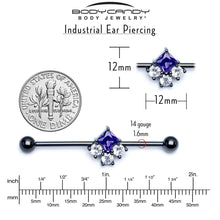 Load image into Gallery viewer, 14G Clear Purple CZ Gem Black Rhombus Riot Industrial Barbell 38mm
