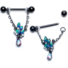 Load image into Gallery viewer, 14G 9/16 Aurora CZ Gem Black Lush Leaves Dangle Nipple Ring Set
