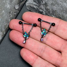 Load image into Gallery viewer, 14G 9/16 Aurora CZ Gem Black Lush Leaves Dangle Nipple Ring Set
