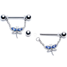 将图片加载到图库查看器，14G 9/16 Blue CZ Gem Dragonfly Dream Dangle Nipple Ring Set
