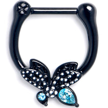 Load image into Gallery viewer, 16G 5/16 Blue CZ Gem Black Night Drama Butterfly Cartilage Clicker
