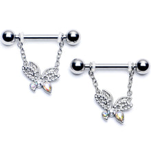 Load image into Gallery viewer, 14G 9/16 Aurora CZ  Gem Ultra Drama Butterfly Dangle Nipple Ring Set
