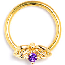 将图片加载到图库查看器，16G 3/8 Purple Gem Gold Tone Beauty Bug Hinged Segment Ring
