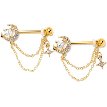 将图片加载到图库查看器，14G 9/16 Clear Gem Gold Tone Moon Lover Dangle Nipple Ring Set
