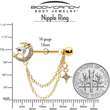 将图片加载到图库查看器，14G 9/16 Clear Gem Gold Tone Moon Lover Dangle Nipple Ring Set

