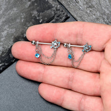 Load image into Gallery viewer, 14G 9/16 Blue CZ Gem Spiderweb Chain Dangle Nipple Ring Set
