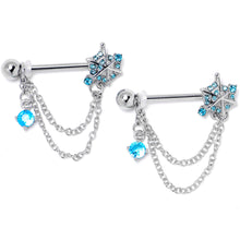 Load image into Gallery viewer, 14G 9/16 Blue CZ Gem Spiderweb Chain Dangle Nipple Ring Set
