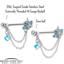 Load image into Gallery viewer, 14G 9/16 Blue CZ Gem Spiderweb Chain Dangle Nipple Ring Set
