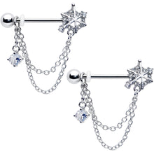 将图片加载到图库查看器，14G 9/16 Clear CZ Gem Spiderweb Chain Dangle Nipple Ring Set
