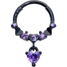 Load image into Gallery viewer, 16G 3/8 Purple CZ Gem Black Love Heart Dangle Hinged Segment Ring
