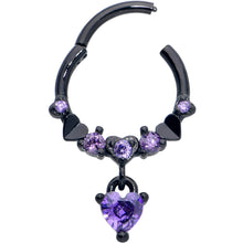 Load image into Gallery viewer, 16G 3/8 Purple CZ Gem Black Love Heart Dangle Hinged Segment Ring
