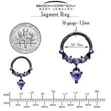 Load image into Gallery viewer, 16G 3/8 Purple CZ Gem Black Love Heart Dangle Hinged Segment Ring
