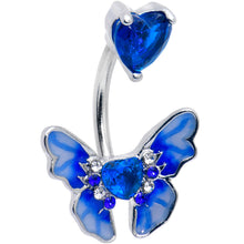 Load image into Gallery viewer, Blue CZ Gem Butterfly Love Heart Double Mount Belly Ring

