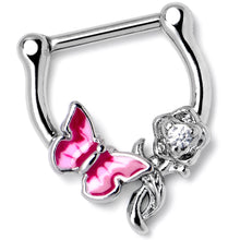 Load image into Gallery viewer, 16G 5/6 Clear CZ Gem Butterfly Rose Flower Pink Cartilage Clicker
