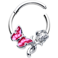Load image into Gallery viewer, 16G 3/8 Clear CZ Gem Butterfly Rose Flower Pink Hinged Segment Ring
