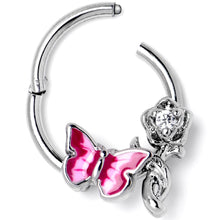 Load image into Gallery viewer, 16G 3/8 Clear CZ Gem Butterfly Rose Flower Pink Hinged Segment Ring
