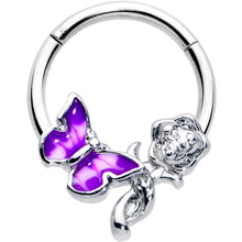 Load image into Gallery viewer, 16G 3/8 Clear CZ Gem Butterfly Rose Purple Hinged Segment Ring
