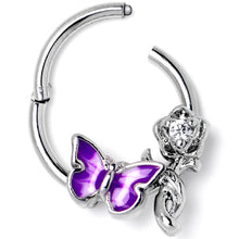 Load image into Gallery viewer, 16G 3/8 Clear CZ Gem Butterfly Rose Purple Hinged Segment Ring
