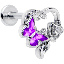 将图片加载到图库查看器，16G 5/16 Clear CZ Gem Butterfly Rose Purple Internally Threaded Labret
