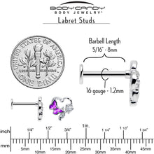 将图片加载到图库查看器，16G 5/16 Clear CZ Gem Butterfly Rose Purple Internally Threaded Labret
