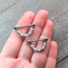 Load image into Gallery viewer, 14G 9/16 White Faux Pearl June Birthstone Dangle Nipple Shield Set
