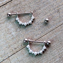 Load image into Gallery viewer, 14G 9/16 White Faux Pearl June Birthstone Dangle Nipple Shield Set

