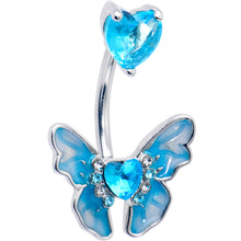 Load image into Gallery viewer, Aqua CZ Gem Butterfly Love Heart Double Mount Belly Ring
