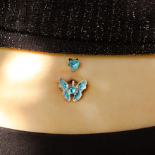 Load image into Gallery viewer, Aqua CZ Gem Butterfly Love Heart Double Mount Belly Ring
