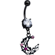 将图片加载到图库查看器，Clear Pink CZ Gem Black Flower Moon Dangle Belly Ring
