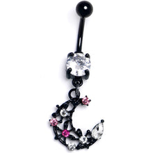 将图片加载到图库查看器，Clear Pink CZ Gem Black Flower Moon Dangle Belly Ring
