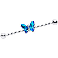 Load image into Gallery viewer, 14G Blue CZ Gem Simply Colorful Butterfly Industrial Barbell 38mm
