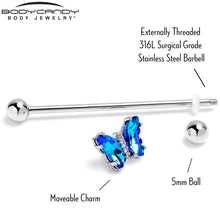 Load image into Gallery viewer, 14G Blue CZ Gem Simply Colorful Butterfly Industrial Barbell 38mm
