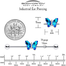 Load image into Gallery viewer, 14G Blue CZ Gem Simply Colorful Butterfly Industrial Barbell 38mm
