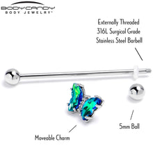 Load image into Gallery viewer, 14G Green CZ Gem Simply Colorful Butterfly Industrial Barbell 38mm
