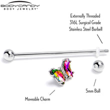 Load image into Gallery viewer, 14G Rainbow CZ Gem Simply Colorful Butterfly Industrial Barbell 38mm
