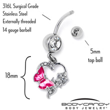 Load image into Gallery viewer, Clear Gem Butterfly Rose Flower Pink Dangle Belly Ring

