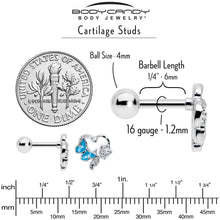 Load image into Gallery viewer, 16G 1/4 Clear CZ Gem Butterfly Rose Blue Cartilage Tragus Stud
