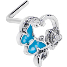Load image into Gallery viewer, 20G 7mm Clear CZ Gem Butterfly Rose Flower Blue L Shape Nose Ring
