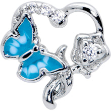 Load image into Gallery viewer, 20G 7mm Clear CZ Gem Butterfly Rose Flower Blue L Shape Nose Ring
