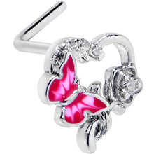 将图片加载到图库查看器，20G 7mm Clear CZ Gem Butterfly Rose Flower Pink L Shape Nose Ring
