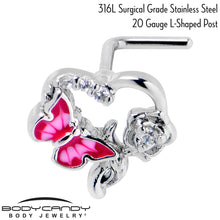 将图片加载到图库查看器，20G 7mm Clear CZ Gem Butterfly Rose Flower Pink L Shape Nose Ring
