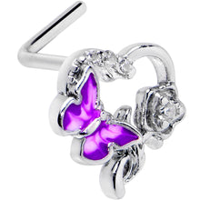 Load image into Gallery viewer, 20G 7mm Clear CZ Gem Butterfly Rose Flower Purple L Shape Nose Ring
