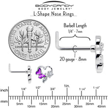Load image into Gallery viewer, 20G 7mm Clear CZ Gem Butterfly Rose Flower Purple L Shape Nose Ring
