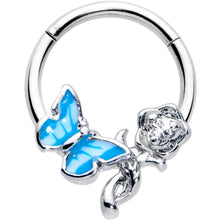 Load image into Gallery viewer, 16G 3/8 Clear CZ Gem Butterfly Rose Blue Hinged Segment Ring
